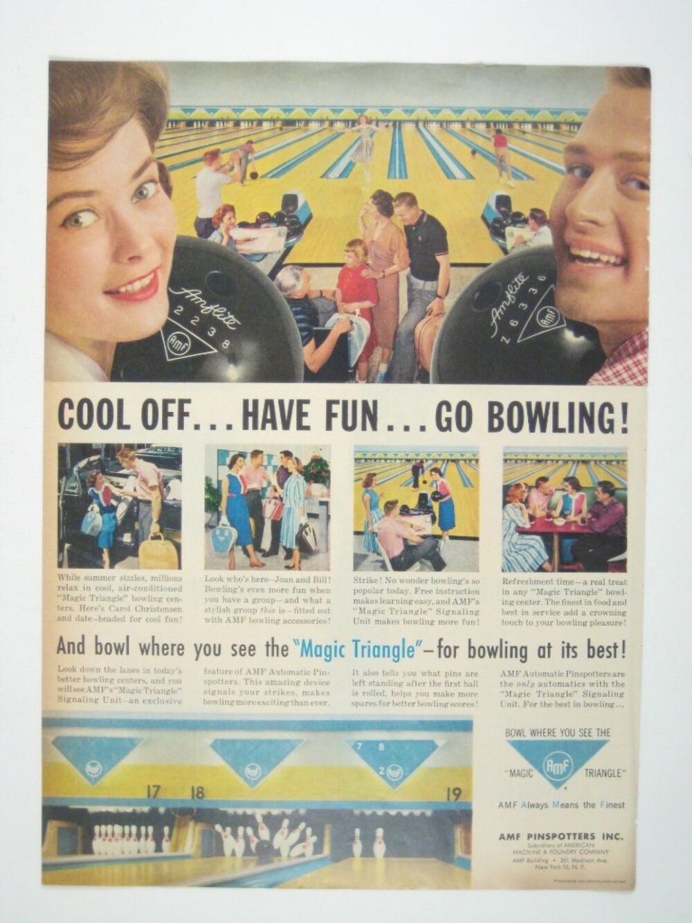 1959 AMF Magic Triangle Bowling Alley Ball Pins Vintage Print Ad
